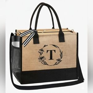 Monogrammed Embroidered Jute Tote Bag Zipper Pocket -Personalized Gift- Letter T